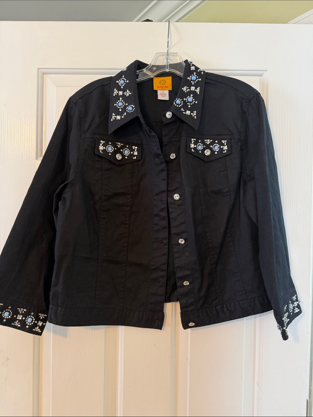 Ruby Rd. Black Embellished Jean Jacket with Blue Accents